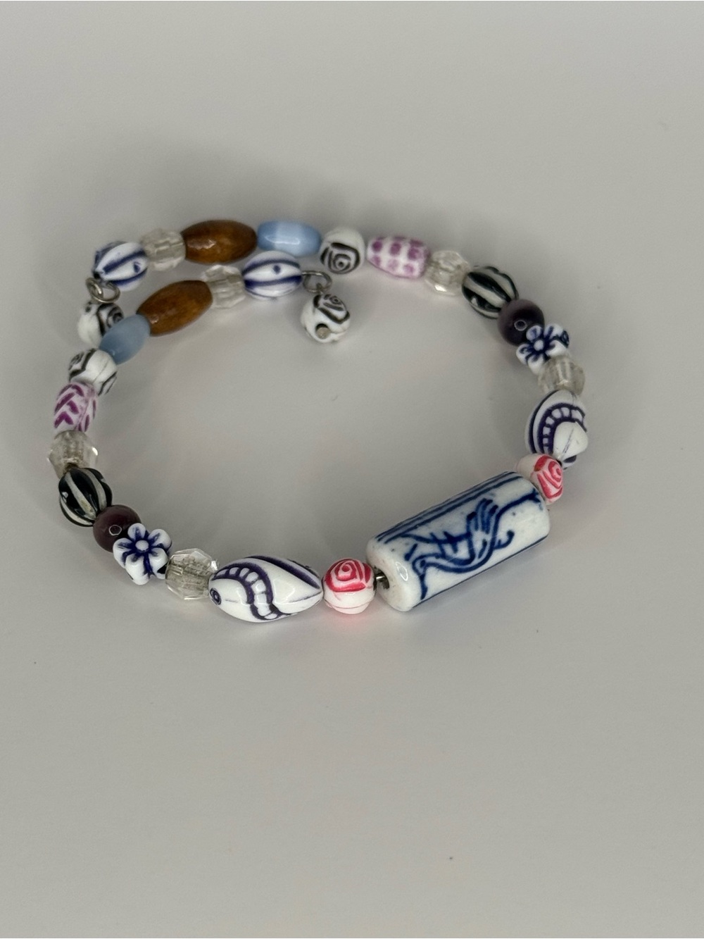 Handcrafted Blue & White Ceramic Beaded Bracelet with Multicolor Accents